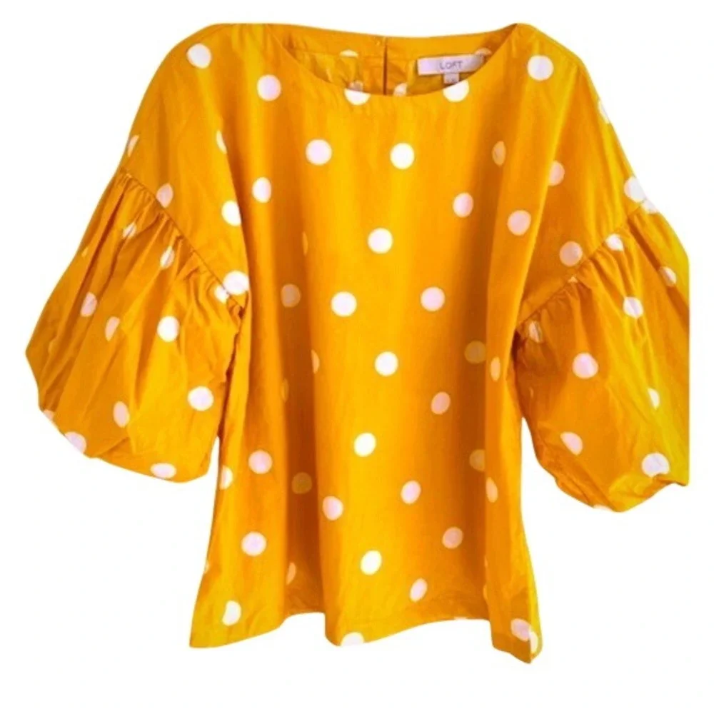 LOFT Yellow Polka Dot Puff Sleeve Blouse Top XS‎ 452455